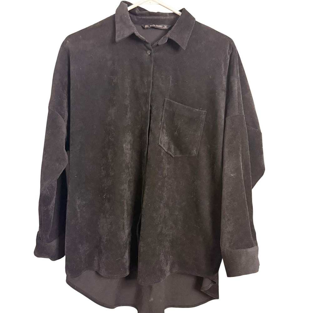 ZARA BASIC Black Corduroy Oversized‎ Button Down Shirt Top